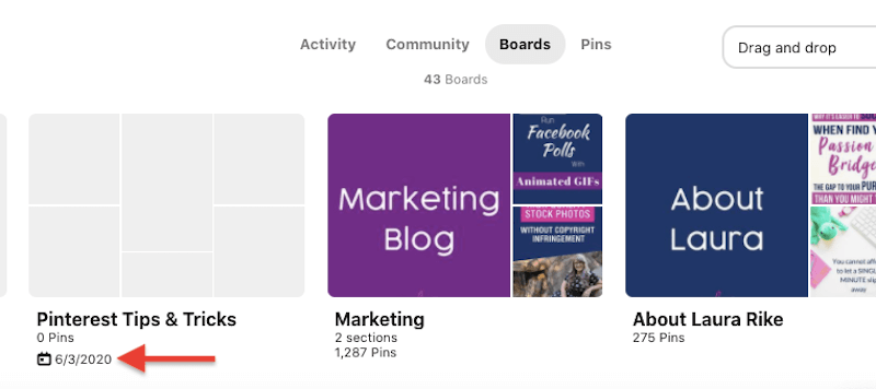screenshot of several pinterest boards with the date of 6/3/2020 highlighted for the board titled pinterest tips & tricks