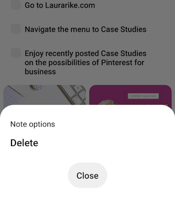 screenshot of pinterest board note menu option to delete the note