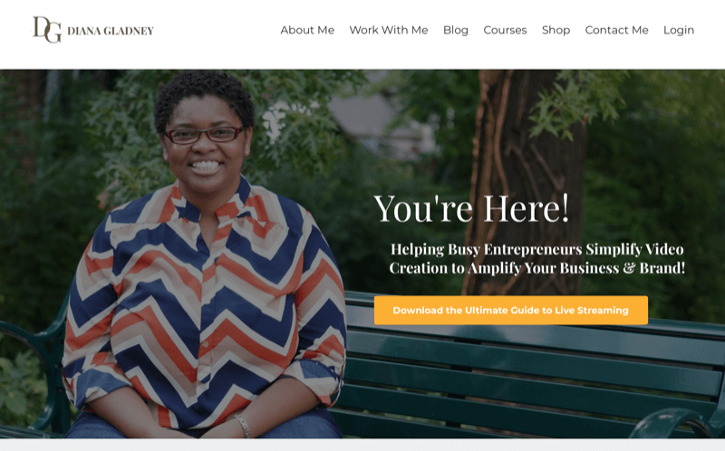 screenshot of diana gladney's website, highlighting her desire to help busy entrepreneurs to simplify video creation