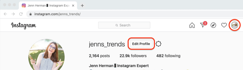 screenshot of an instagram profile with the 'edit profile' button highlighted