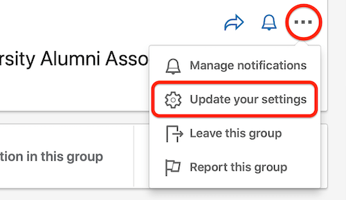 linkedin group three dots menu with the update your settings menu option highlighted