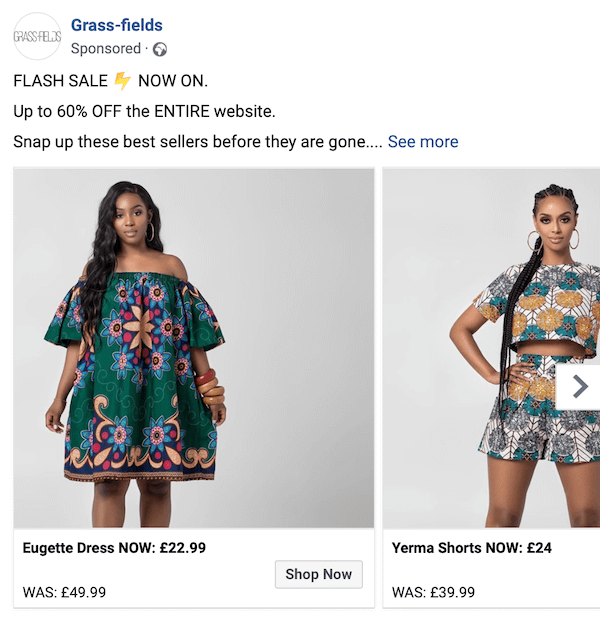 facebook carousel ad with summer styles by grass-fields promoting a flash sale with discount