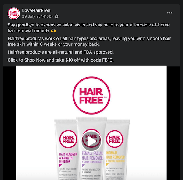 lovehairfree的facebook post通过将他们的脱毛产品与昂贵的沙龙访问进行比较来记录他们的脱毛产品