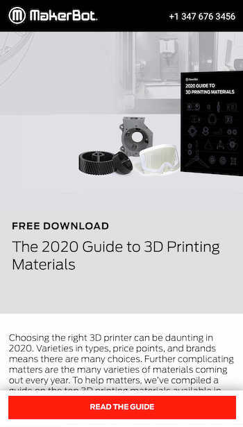 screenshot of a landing page from makerbot with a 'read the guide' call to action for their free download