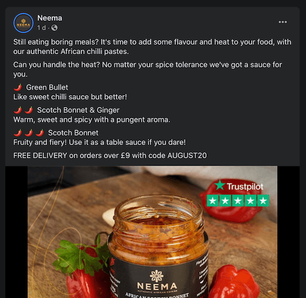 facebook post by neema discussing their different chilli pastes and offering a discount