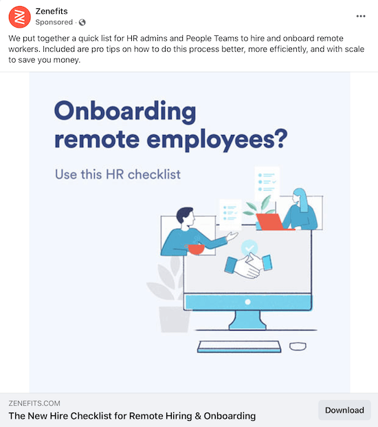 example of a sponsored lead magnet offer from zenefits offering an hr checklist for on-boarding remote employees