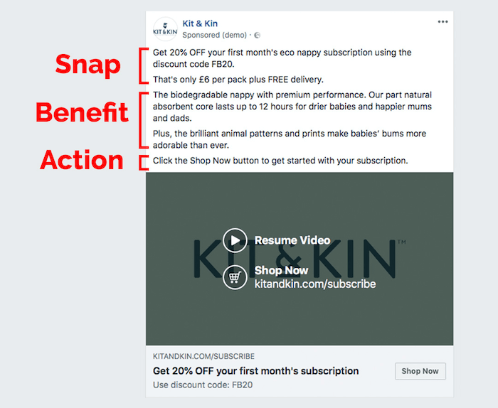 facebook ad post by kit & kin identifying the parts of the copy that fall into each snap (specific discount code and free delivery), benefit (biodegradable diapers in cute designs), and action (a directive to click the shop now button to get started)