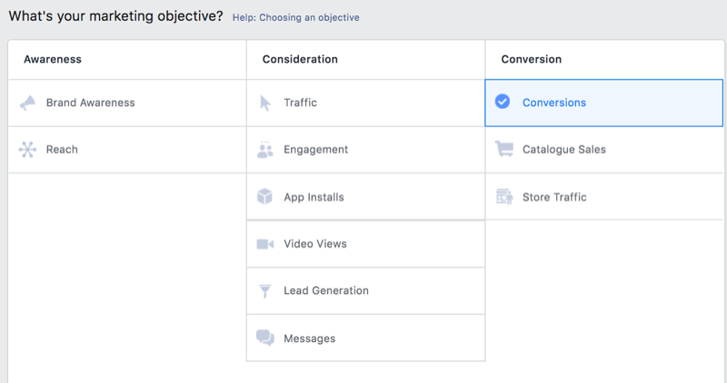 option in facebook ads manager to select conversions as a marketing objective