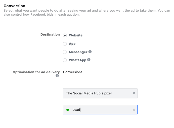 option to select a lead event for your conversion goal optimization in facebook ads manager