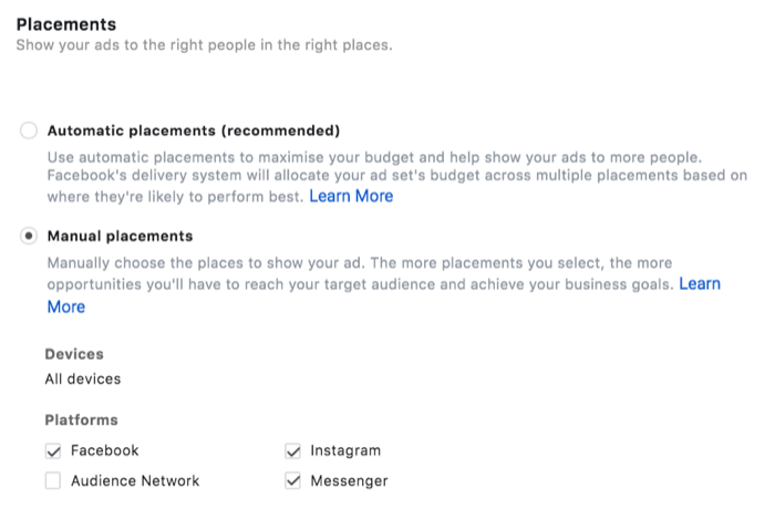 menu options for ad placement with manual placements selected, specifically facebook, instagram, and messenger