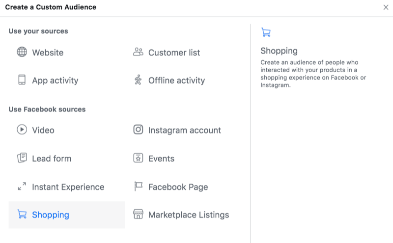menu options for a custom audience with the shopping option highlighted