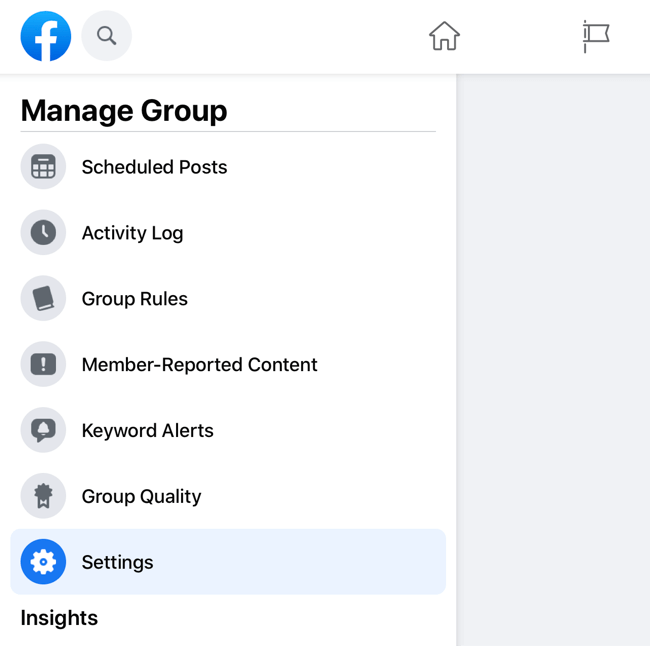 screenshot of the facebook manage group menu with the settings option highlighted