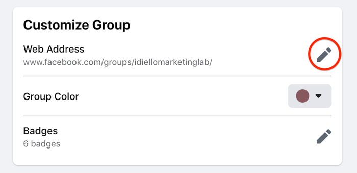 facebook customize group settings option highlighted to edit the web address