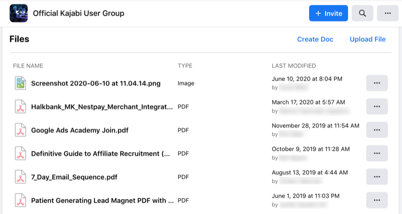 sample of the facebook group files tool by the official kajabi user group with several .pdf files and a .png screenshot
