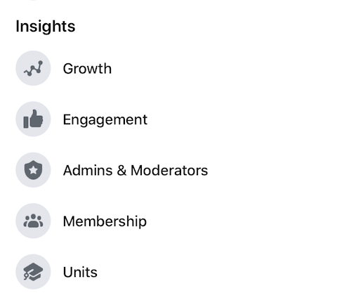 facebook insights menu showing various analytics measurement options