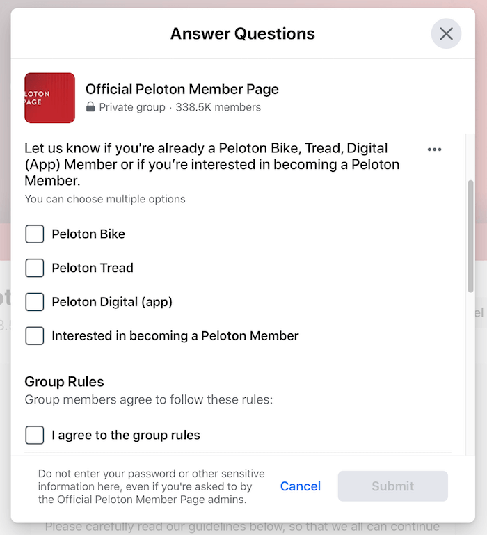 example of facebook group screening questions for the official peloton member page group