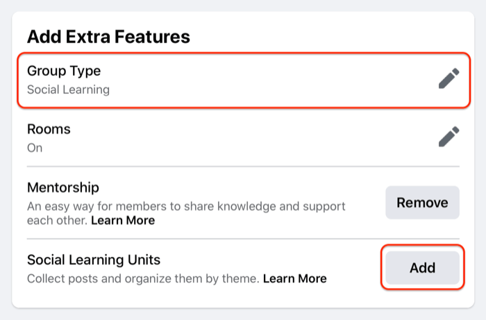 example of a facebook group unit settings highlighting the group type option