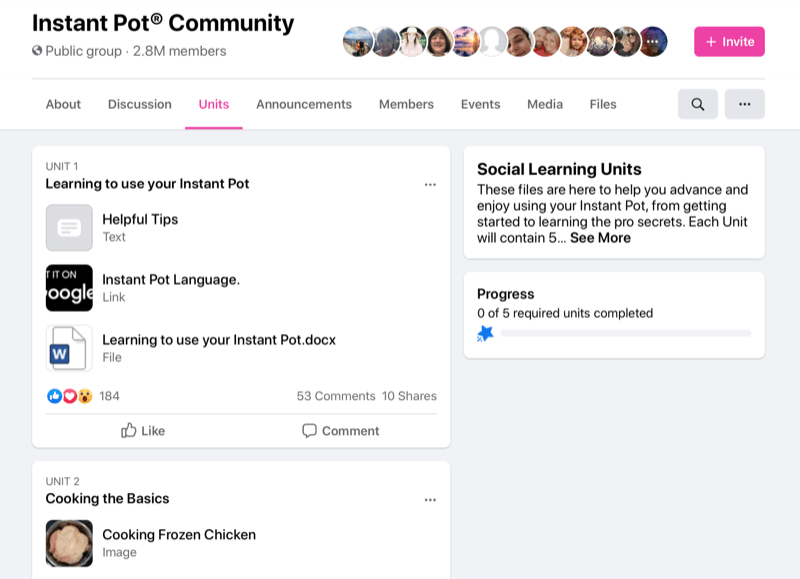 example of the instant pot community group page with the units tab visible showing three courses in unit one and the beginning of unit two