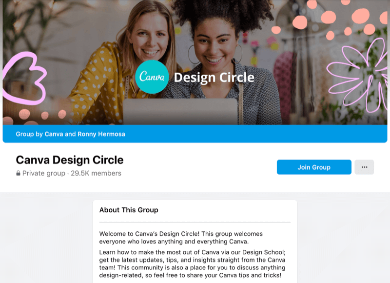 example of a private facebook group by canva and ronny hermosa called canva design circle