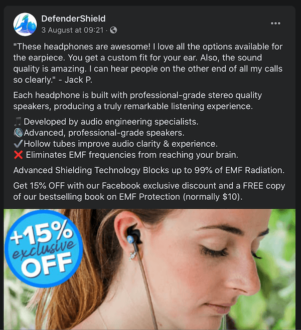 facebook post from defendershield show the testimonial techniques regarding headphones