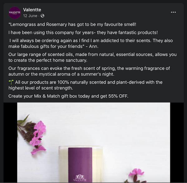 facebook post from valentte showing another testimonial technique for scented oils