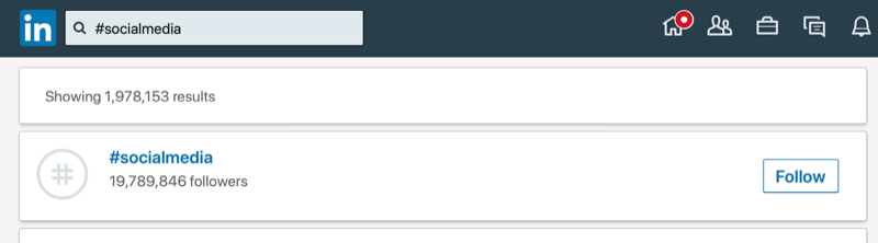 captura de tela de exemplo da hashtag #socialmedia sendo pesquisada no LinkedIn