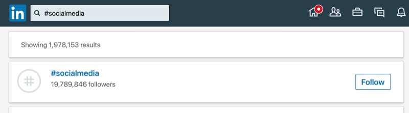screenshot example of the hashtag #socialmedia being searched on linkedin