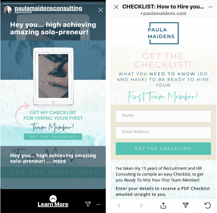 screenshot of an Instagram Stories ad offering a free checklist for hiring your first team manager