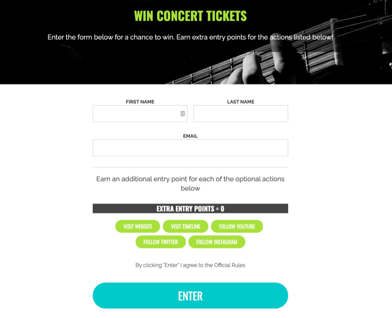 example of a giveaway to win concert tickets with extra entries offered for extra actions taken such as website visit, youtube follow, twitter follow, etc.