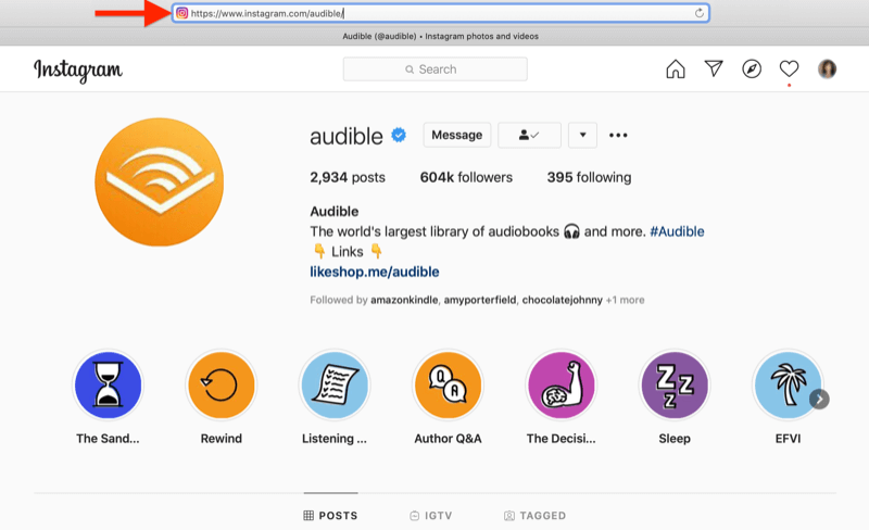 desktop screenshot showing a url search for instagram.com/audible to find the audible instagram account