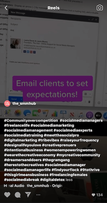 screenshot of a reels video description with at least 28 detailed hashtags