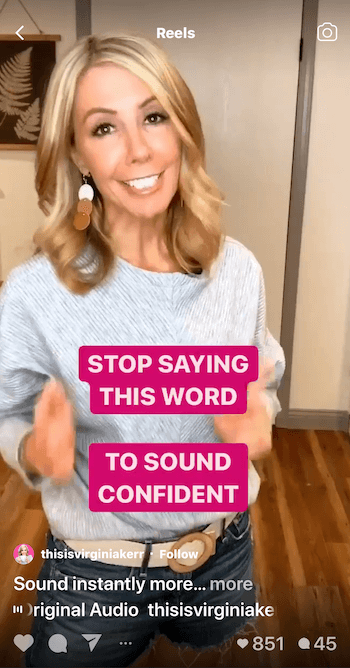 screenshot of an instagram reels video by @tisisvierginakerr giving communication tips to help viewers sound more confident