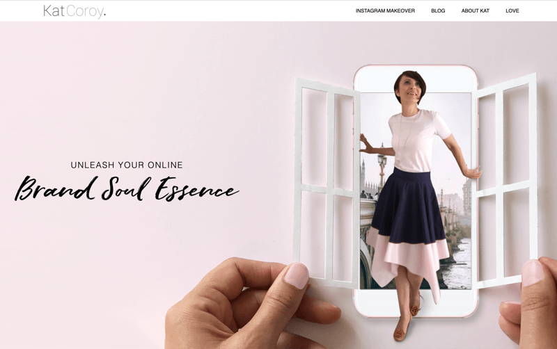 screenshot of kat coroy's website landing page which displays a cohesive feel from font to image to styling