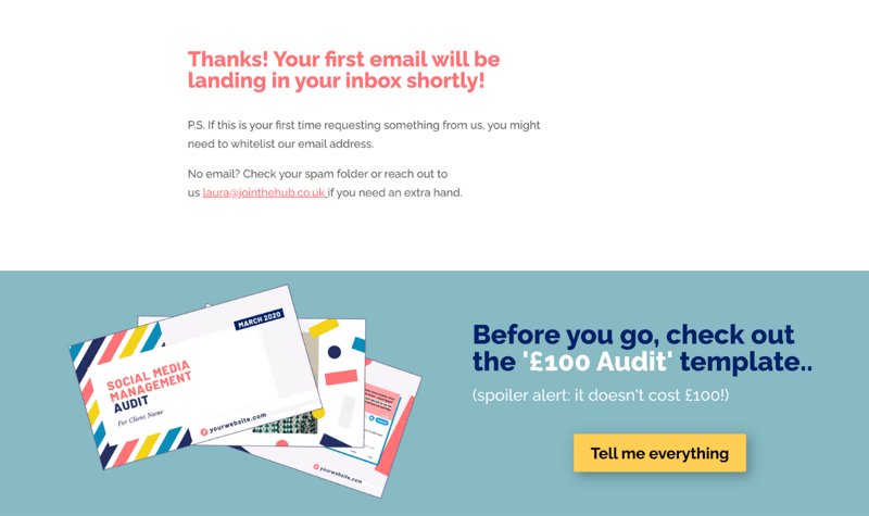 screenshot of an opt-in confirmation page with a bonus offer for a template