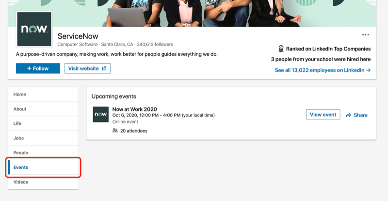 screenshot of linkedin company page highlighting the event tab for that company