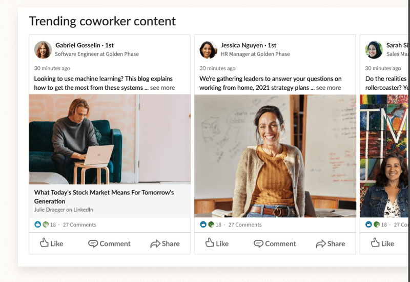 example of the screenshot of the linkedin employee trending coworker content tab and sample content