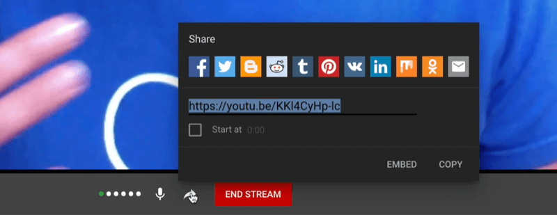 youtube live stream options including an audio meter, a mute button, and a share link with various platform icons and a shareable short link for the live video