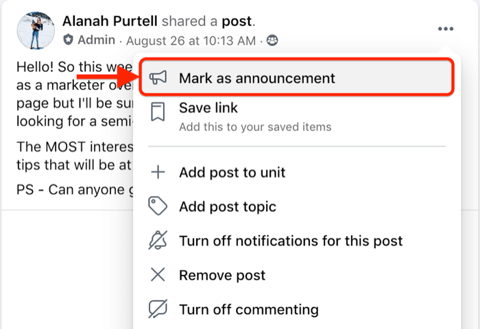 facebook group post menu option to mark a specific post as an announcement