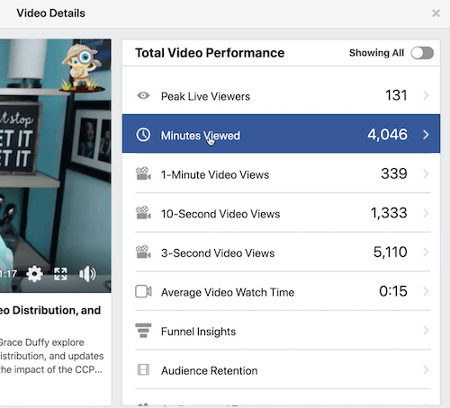 facebook graph example of audience retention under the total video performance section