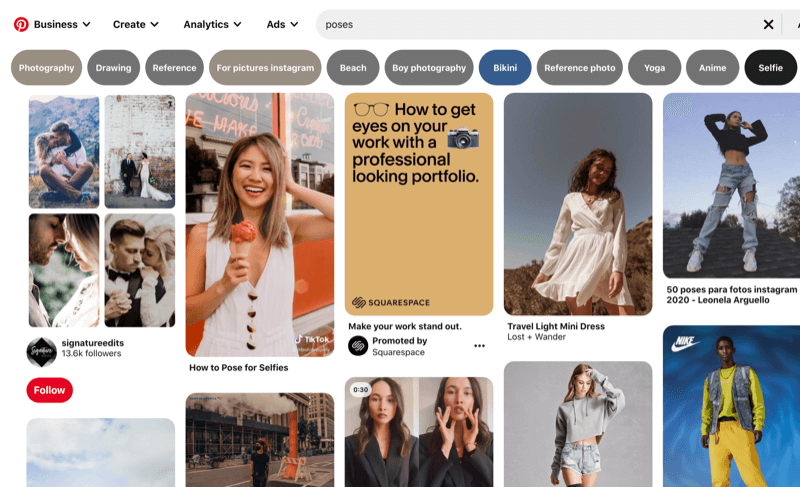 Aexample screenshot of pinterest pins showing various positioning for models and selfies when posing