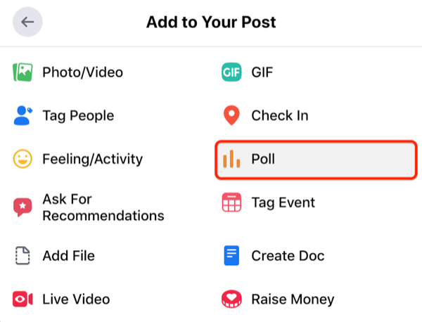 facebook group post menu options with the poll option highlighted