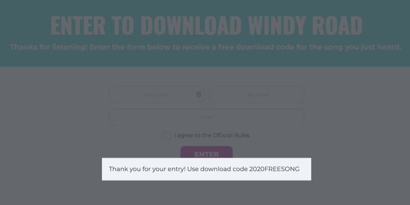 screenshot of a song download opportunity after video watch with a thank you for the entry and a download code for the song