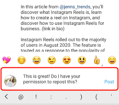 instagram post example comment response complimenting and asking for permission to repost the content