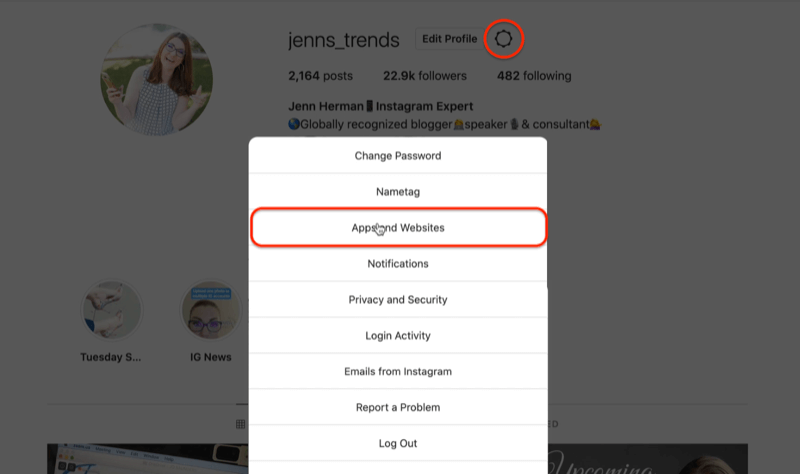 instagram profile gear icon edit settings menu options highlighting the apps and websites option