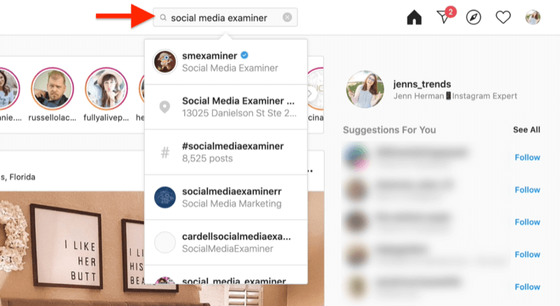 desktop screenshot showing a search for an instagram account using search terms of social media examiner