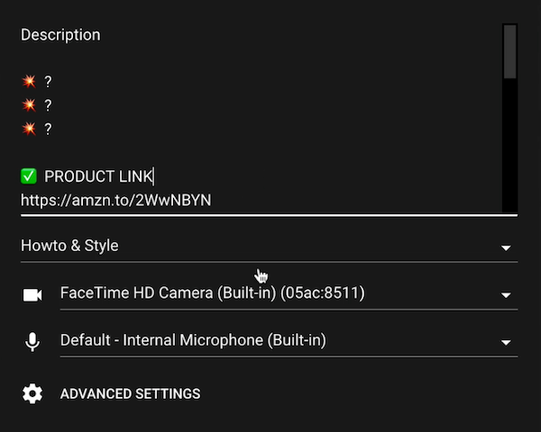 youtube video go live more settings options including a description, product link, category, camera and microphone settings, and advance settings option