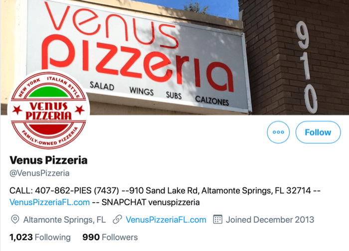 screenshot of twitter profile for @venuspizzeria with contact information as the first information available