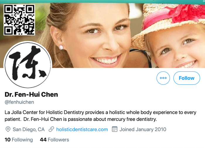 screenshot of twitter profile for @fenhuichen with a link to her website where contact information and appointment booking is available