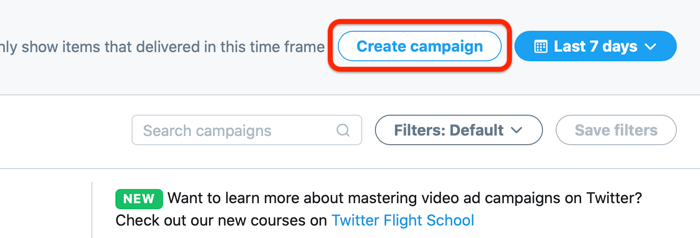 screenshot of twitter ads account and the option to create a campaign