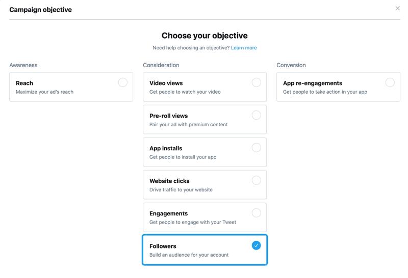 twitter campaign objectives with the followers objective selected